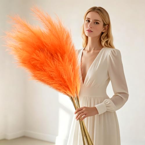 Orange Tall Faux Pampas Grass Decor - 8 Pieces, 45 Inch Halloween & Fall Arrangement