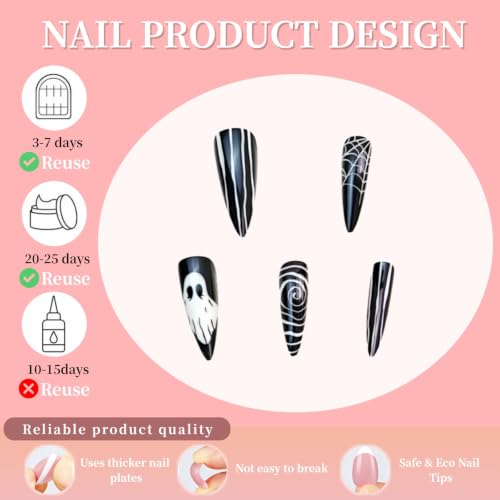 Ghost Swirl Style Halloween Fake Nails - Long Almond Press On Nails with Spider Web Design - Reusable Glossy Artificial Nails for Women