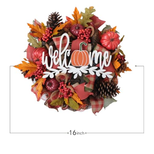 Fall Artificial Maple Leaf Mesh Wreath with Pumpkin and Welcome Sign - Front Door Decor