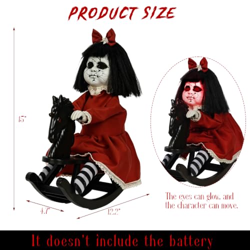 Red Halloween Animatronic Girl Doll on Rocking Horse with Lights & Sound - Indoor Outdoor Decor
