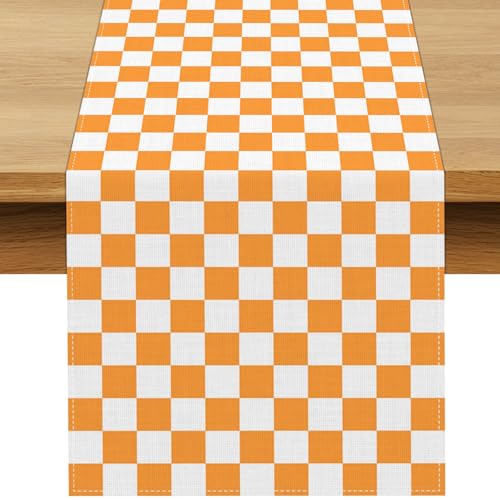 Orange White Checkered Table Runner - Fall Thanksgiving Wedding Decor 13 x 72