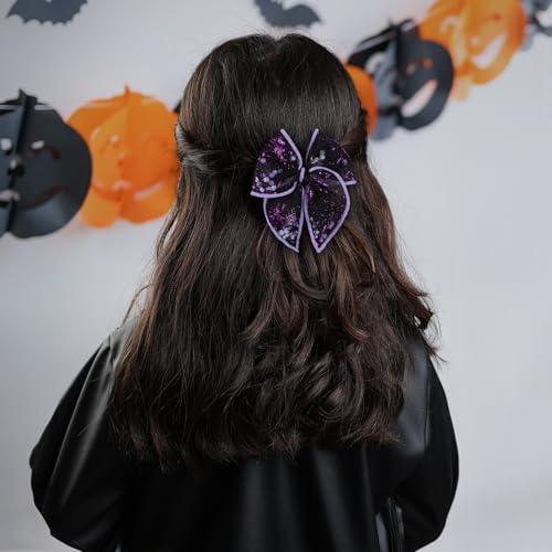 Halloween Spider Shaker Hair Clips - Black & Purple Mesh Bow with Alligator Clips - Variation D
