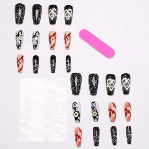 Halloween Long Square Press-On Nails with Eyeball Blood Drip Pentagram Design - Variation 15
