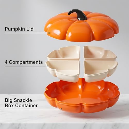 Pumpkin Divided Serving Tray with Lid - Orange Fall Themed Snack Platter, 4 Compartments, BPA-Free Halloween Party Decor