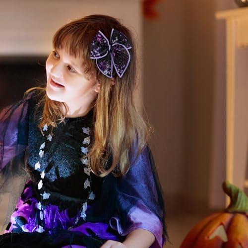 Halloween Spider Shaker Hair Clips - Black & Purple Mesh Bow with Alligator Clips - Variation D