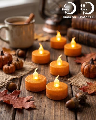 Orange Glitter Tea Lights Candles with Timer - 12PCS Flameless Flickering Lights