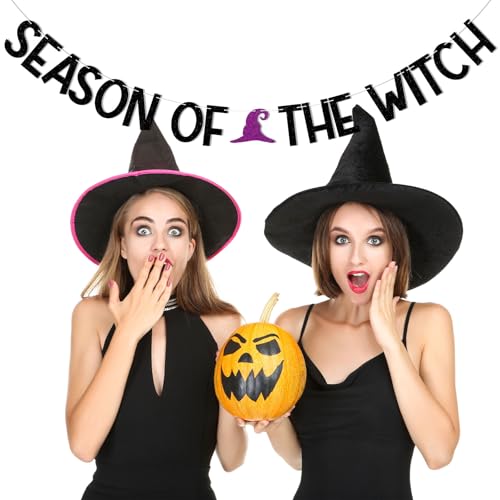 Halloween Witch Birthday Banner - Black Glitter Hanging Decorations