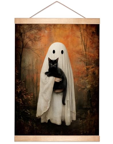 Gothic Ghost and Black Cat Wall Art Poster - Rustic Linen Canvas 18.5x14 Inch - Black Variation BLK05