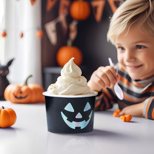 Confettiville Jack-O-Lantern Ice Cream Cups - Black & Silver Halloween Party 50 Count 9Oz