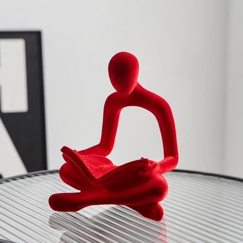Red Flocked Thinker Statue Decor - Modern Abstract Reading Figurine for Living Room & Office - Gift for Book Lovers