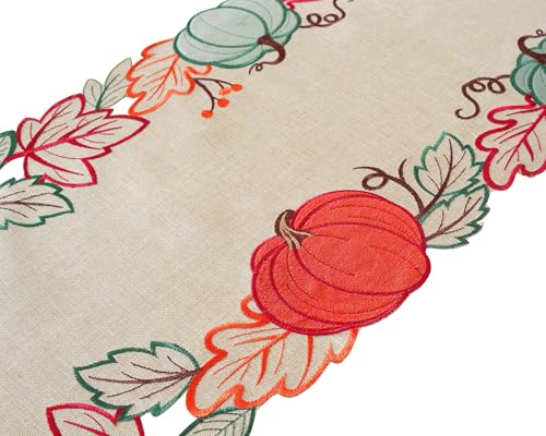 Fall Table Runner with Embroidered Velvet Pumpkins & Maple Leaves - 36 Inch Thanksgiving Decor - Pumpkins & Maple Leaf Variation
