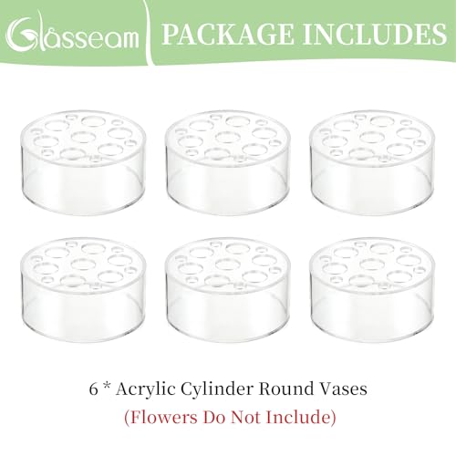 Glasseam Acrylic Flower Vase Set of 6 - Clear Round Centerpieces with 13 Holes, 5.9in
