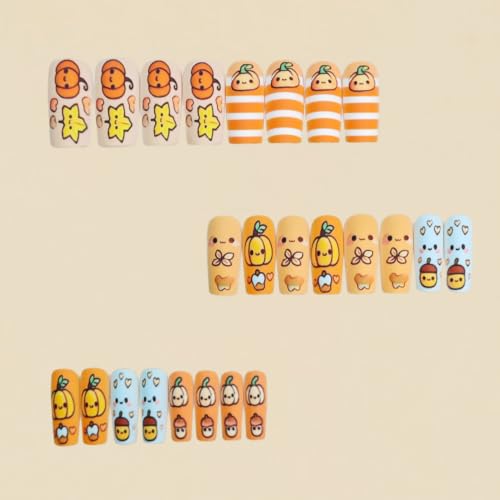 Fall Halloween Press On Nails with Cartoon Pumpkin & Maple Leaf - Style 8
