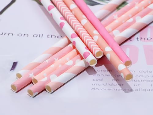 Assorted Paper Drinking Straws 50Pcs for Parties & Events - Mixed Pink - Eco-Friendly, Thick & Sturdy