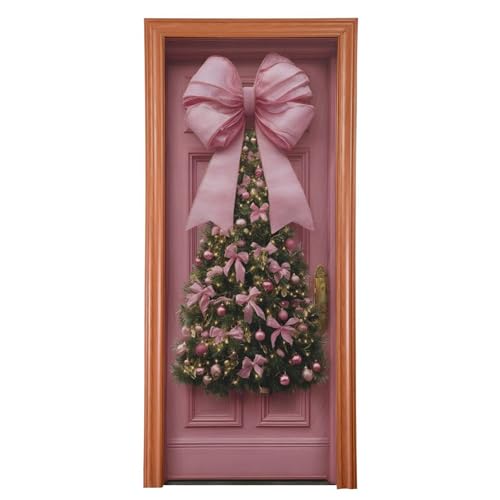 Pink Bow Christmas Door Cover - Stretch Fabric Holiday Porch Decor 35x79 in (Variation of THIS listing)