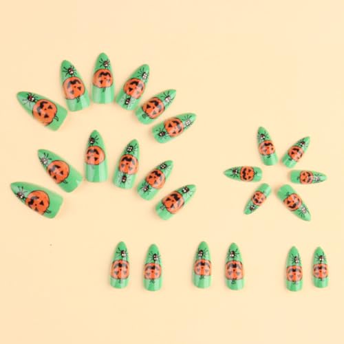 Halloween Press On Nails Medium Almond Bright Green Pumpkin Spider Style67