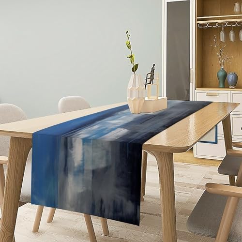 Abstract Blue Grey Table Runner Modern Rustic Art 13x90in - Variation of W13xL90