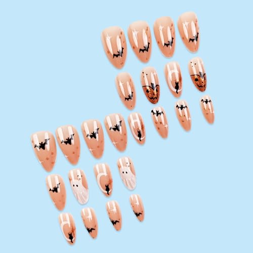 Pink Ghost Bat Halloween Almond Press On Nails - Medium Glitter Pumpkin Fake Nails with Designs