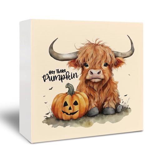 Pumpkin Western Halloween Wooden Sign - Fall Baby Highland Cow Decor, 5x5 Inch