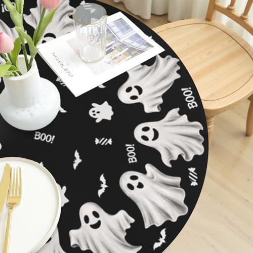 Halloween Round Fitted Tablecloth Spooky Ghosts Bats Waterproof 40-44 Inch - Wood Brown / 60"