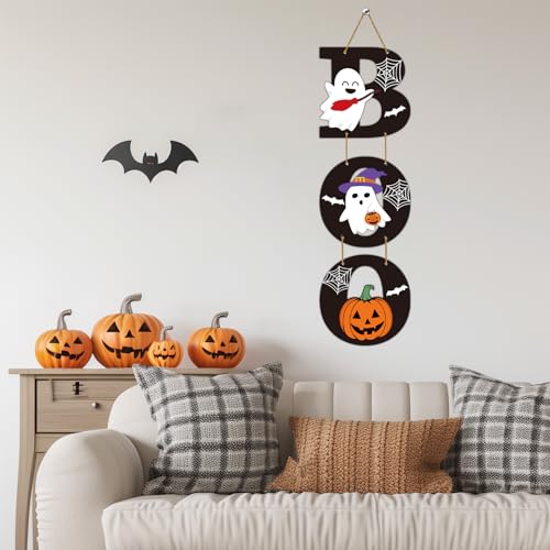 Halloween Door Sign with Ghost and Pumpkin Decorations - Festive Wall Hanging