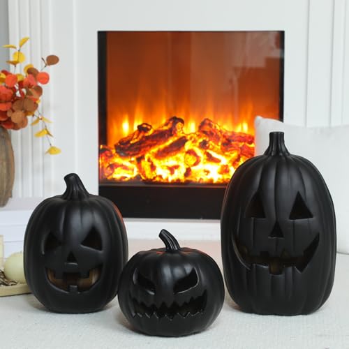 Black Halloween Jack O Lantern Decoration Set with LED Lights - 3 Pcs