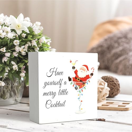 Christmas Santa Cocktail Wooden Sign - Funny Xmas Bar Decor - 5x5 Inch Santa Claus Wood Block - Holiday Desk Wall Decoration - Santa Cocktail Variation