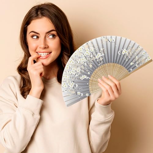 Gray Elegant Black Bamboo Folding Fan - 8.27in Vintage Silk Handheld Fan for Dance & Wedding