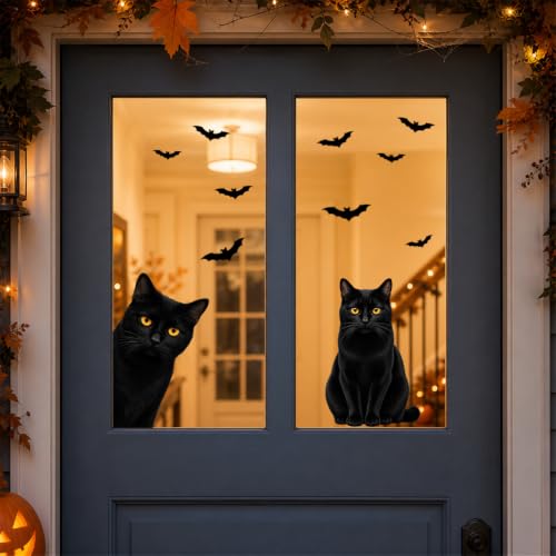Funny Halloween Black Cat Window Clings - 6 Sheets, Static PVC Decor for Glass & Mirrors