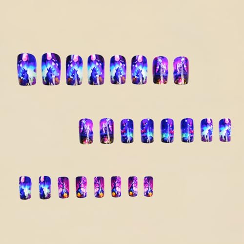 Halloween Short Square Press-On Nails with Witch & Forest Design - Style26