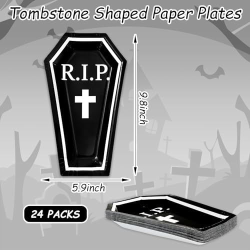 Halloween Coffin-Shaped Paper Plates - 24 Pack, Black & White Disposable Dinnerware, 9.8 x 5.9 in - Normal