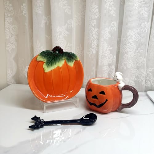 Halloween Pumpkin and Ghost Ceramic Mug Set - 6oz Hand-Painted Coffee Tea Cup with Saucer & Bat Spoon