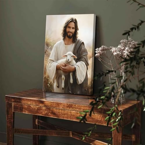 Jesus and Lamb Canvas Wall Art - Wrapped 24"L x 16"W Christian Religious Decor