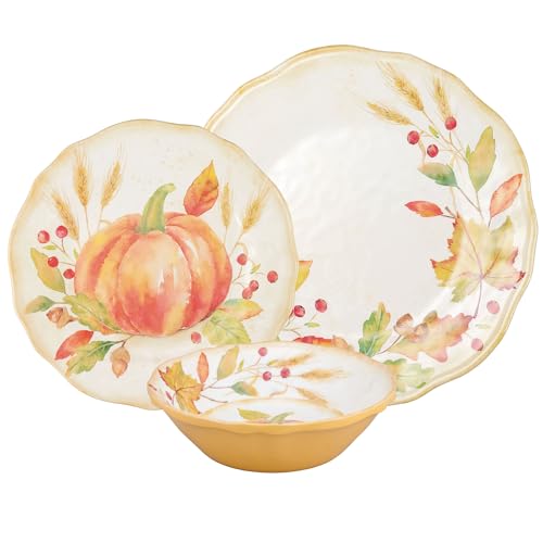 Harvest Pumpkin 12-Piece Melamine Dinnerware Set - Outdoor Plates & Bowls for Autumn Thanksgiving, Service for 4