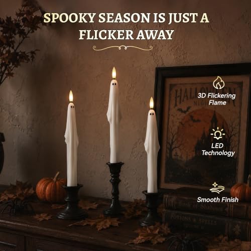 Halloween Ghost Candlesticks Set - Flameless Taper Candles with Remote, 3 Pack