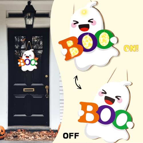 Halloween Door Decor Ghost with Light Sign - Outdoor Wall Hanging, Spooky Welcome