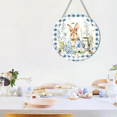 Easter Wreath Funny Rabbit Porch Wreaths - Blue White Grid Design 12 Inch - Easter Style 36