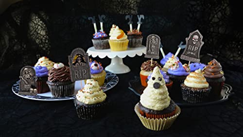 Halloween Tombstone Cupcake Toppers - 24 Pcs Scary Cake Decorations for Party