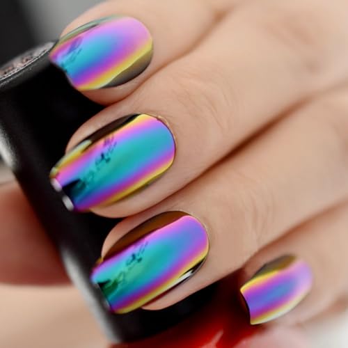 Holographic Blue Purple Coffin Nail Set Mirror Chrome Fake Nails with Variation - Green Purple