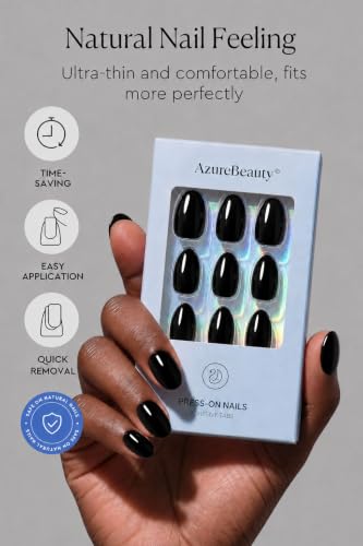 AzureBeauty Short Oval Press On Nails - Glossy Solid Black, 16 Sizes, Variation: Black