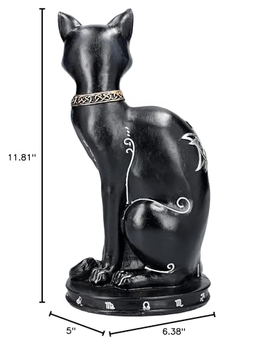 Gothic Zodiac Cat Figurine with Crescent Moon and Wiccan Charm - 12 Inches