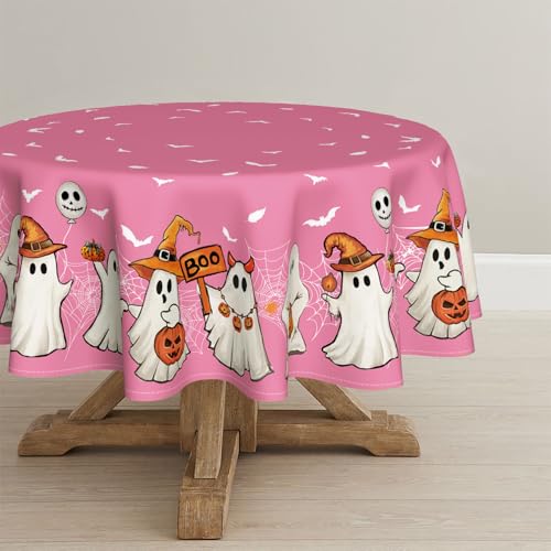 Pink Bat Ghost Pumpkin Halloween Round Tablecloth 90 x 90 Inch - Horaldaily