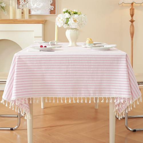 Pink Rectangular Tablecloth 55 x 70 Inch Cotton Blend Boho Picnic Decor with Tassels