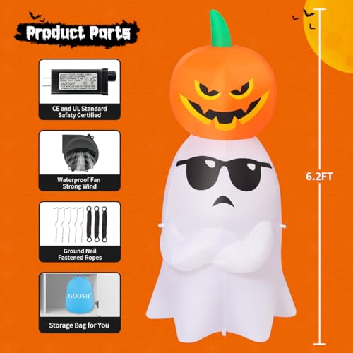 6.2 Ft Halloween Inflatable Ghost with Pumpkin and LEDs Outdoor Yard Decor