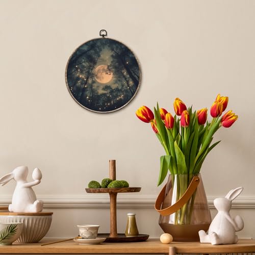 Full Moon Forest Round Wall Art Canvas - Enchanted Nature Decor, 10x10in