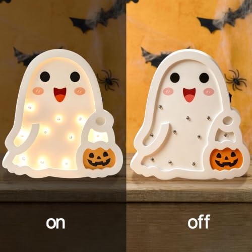 Halloween Wooden Ghost Table Sign - Light Up Decor for Desk, Home, Office - White Variation