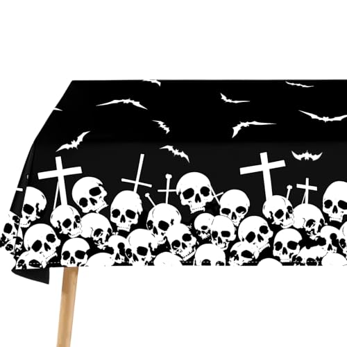 Halloween Rectangular Tablecloth 60 x 120 Inch Spooky Skull Flying Bat Design - Washable Indoor Outdoor Holiday Decor Variation of THIS listing