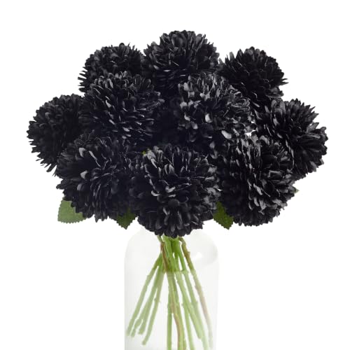 Black Artificial Chrysanthemum Flowers Ball Set - 12 Faux Flowers for Decor
