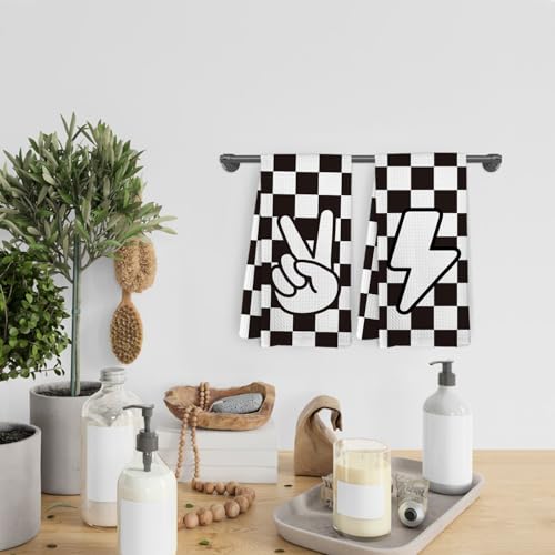 Yee Lightning Checkered Kitchen Towels Set of 2 - Black and White Checkered Dishcloths - Kitchen & Bathroom Decor