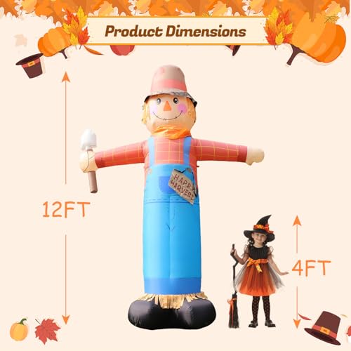 12FT Inflatable Scarecrow Yard Decor with LED Lights for Fall Halloween Thanksgiving